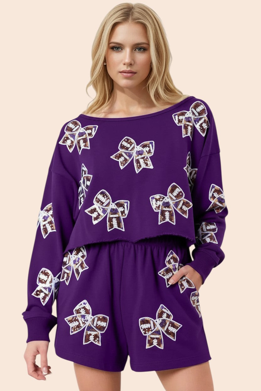 My Store purple long sleeve top and shorts set with sequin bow print. Relaxed fit, crew neck, elastic waist shorts.
