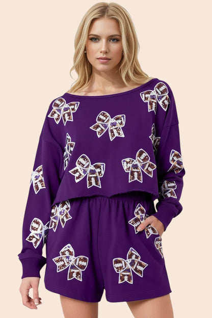 My Store purple long sleeve top and shorts set with sequin bow print. Relaxed fit, crew neck, elastic waist shorts.