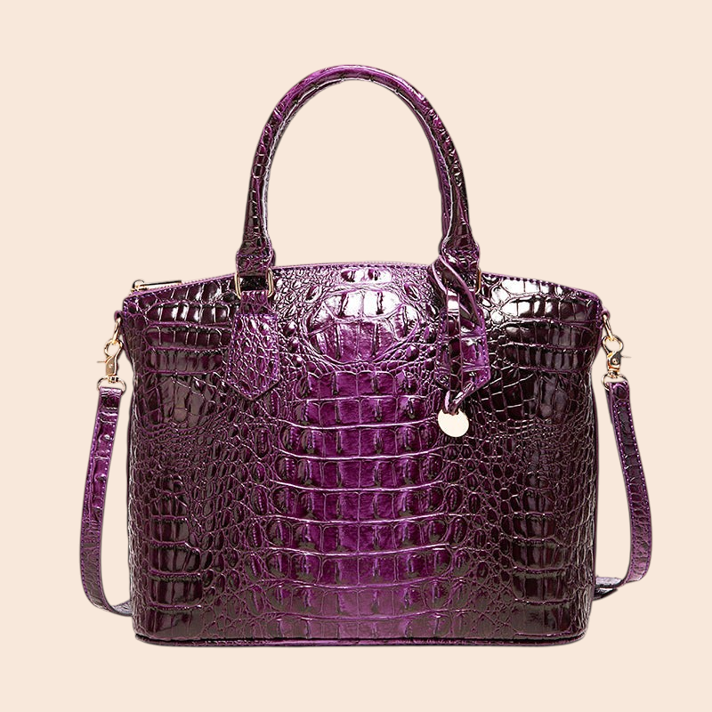 My Store Amara purple croc-embossed top handle handbag with a structured silhouette and detachable shoulder strap.