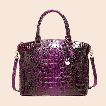 My Store Amara purple croc-embossed top handle handbag with a structured silhouette and detachable shoulder strap.