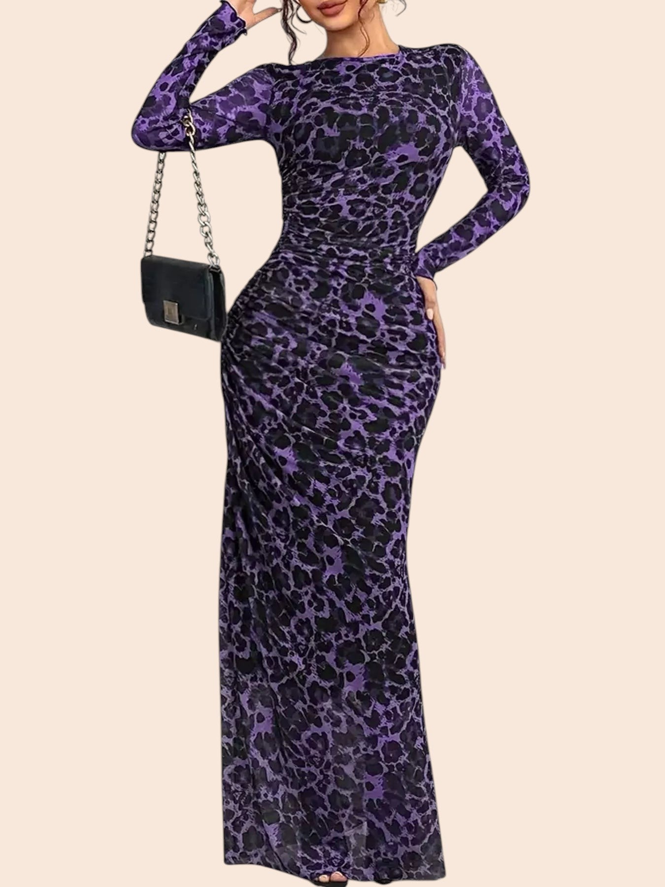 My Store purple leopard print long sleeve mesh maxi dress with ruched detailing and a side slit