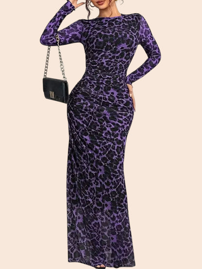 My Store purple leopard print long sleeve mesh maxi dress with ruched detailing and a side slit