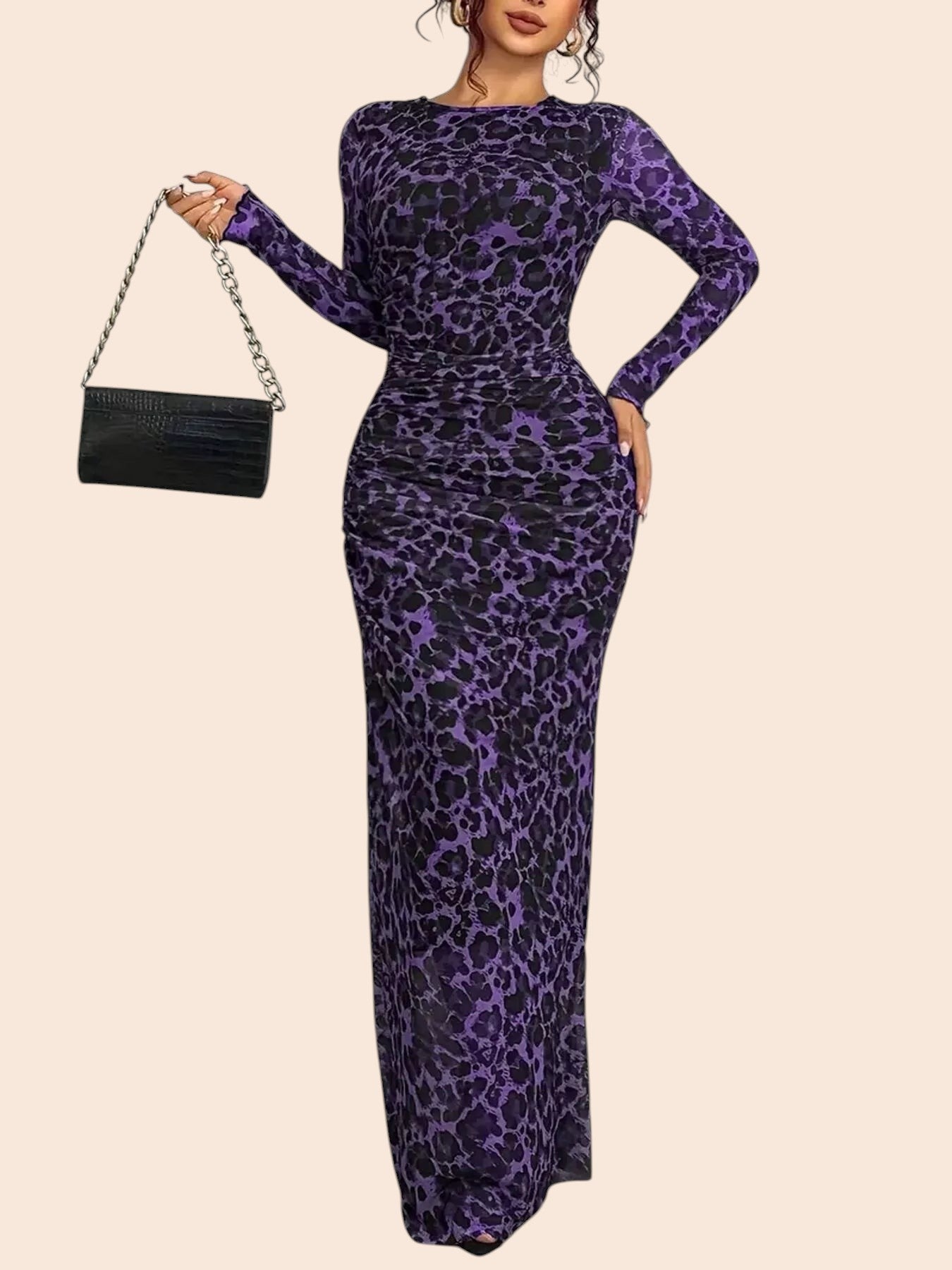 My Store purple leopard print long sleeve mesh maxi dress with ruched detailing and a side slit