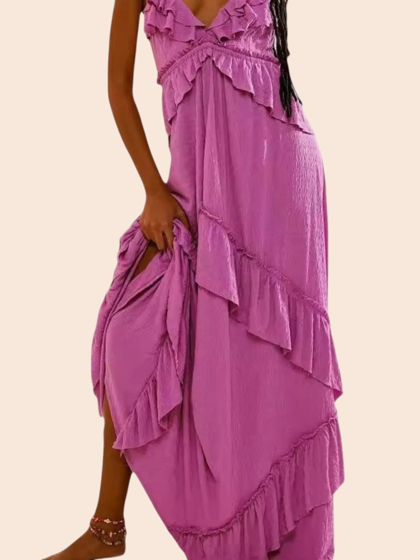 My Store ruffled tiered halter maxi dress in vibrant purple with cascading ruffles and a flowing bohemian silhouette.