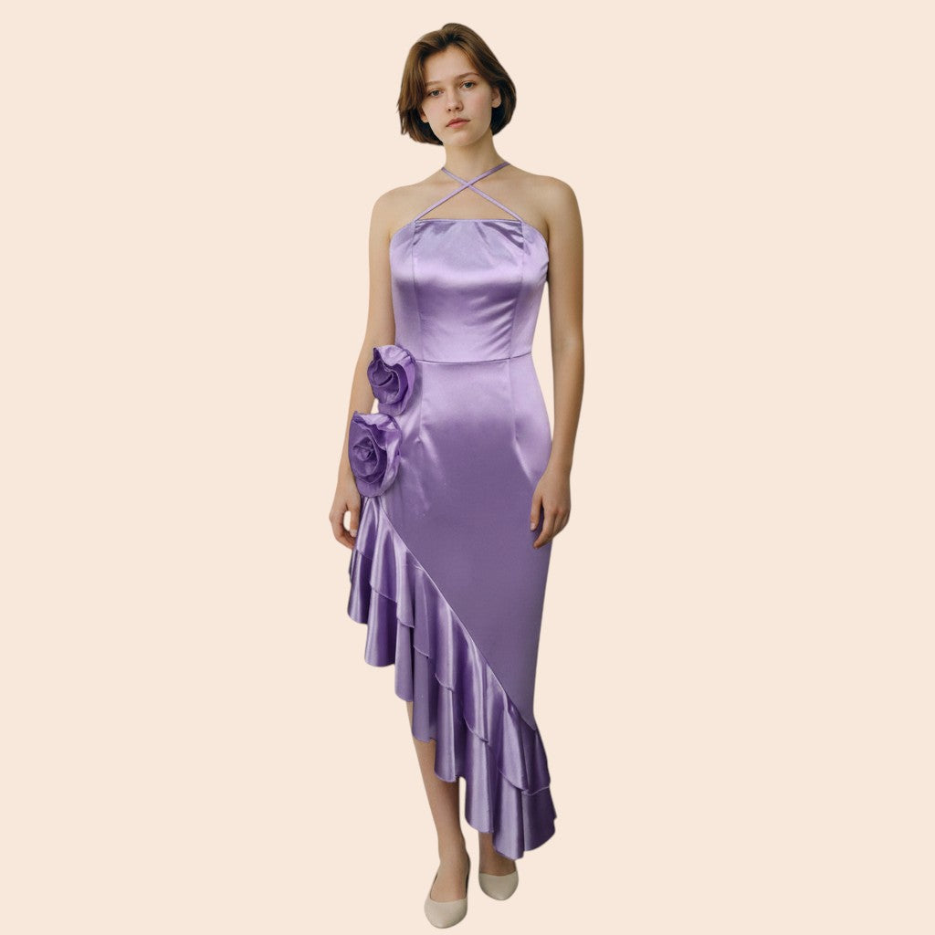 My Store purple satin halterneck midi dress with floral applique and ruffled asymmetrical hem