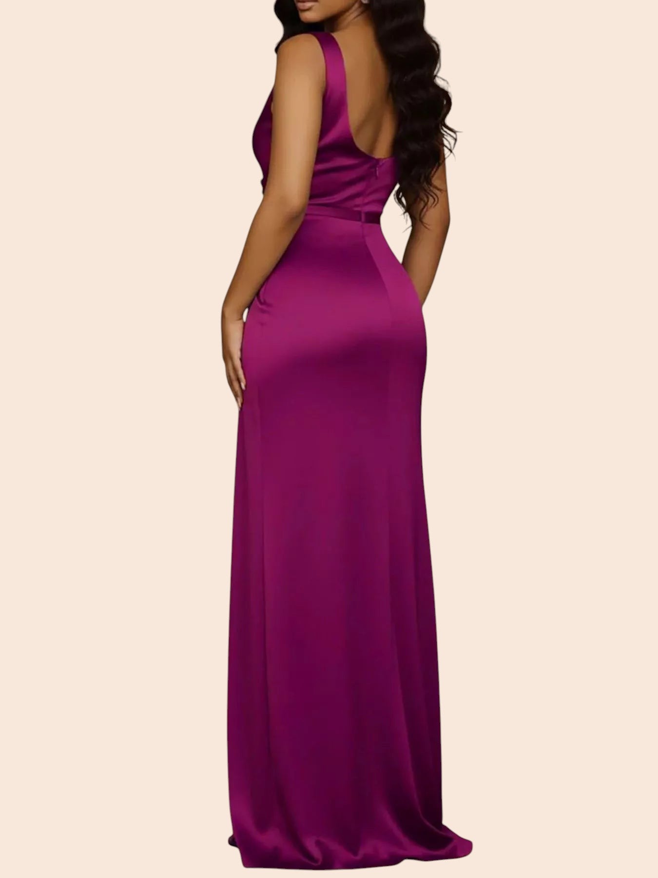 My Store purple satin maxi dress with a sleeveless design and floor-length silhouette worn by a model from behind.