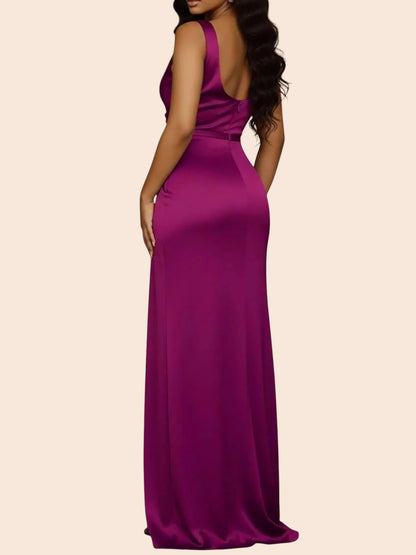 My Store purple satin maxi dress with a sleeveless design and floor-length silhouette worn by a model from behind.