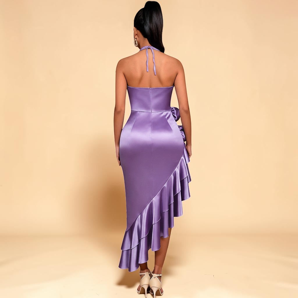 My Store purple satin halterneck midi dress with ruffled asymmetrical hem and crisscross back straps