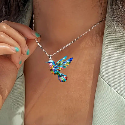 My Store rainbow hummingbird necklace with multicolor wings, a vibrant statement accessory.