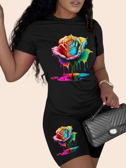 My Store black polyester t-shirt and shorts set featuring a vibrant rainbow rose drip graphic print