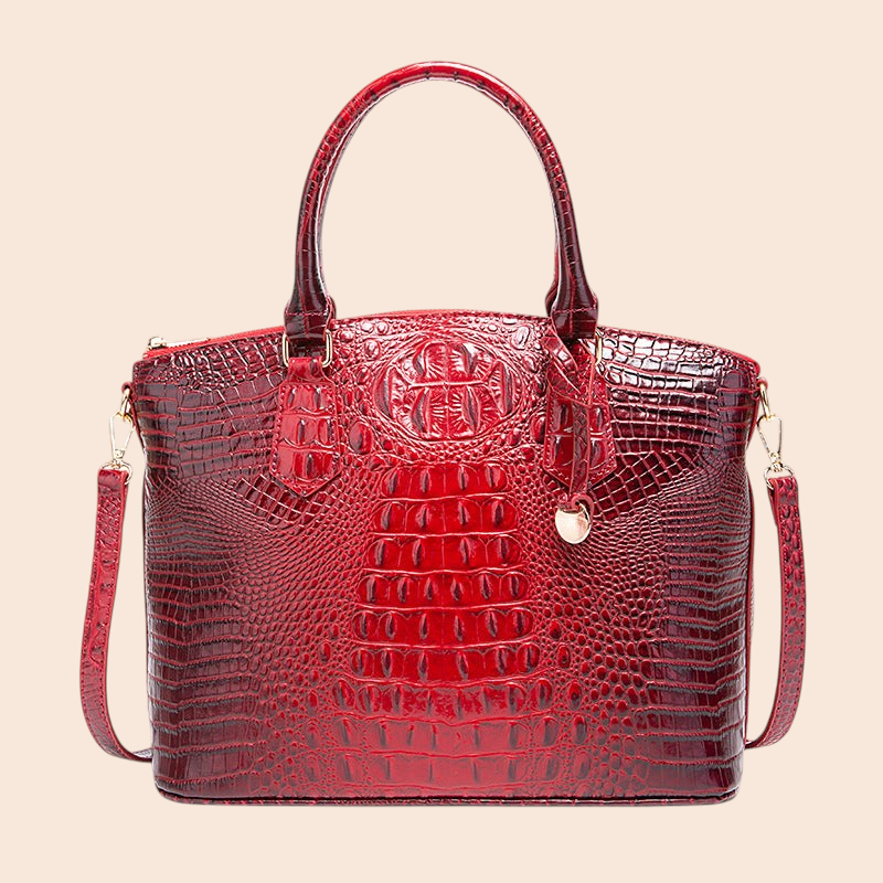 My Store Amara red croc-embossed structured top handle handbag with gold hardware and detachable shoulder strap.