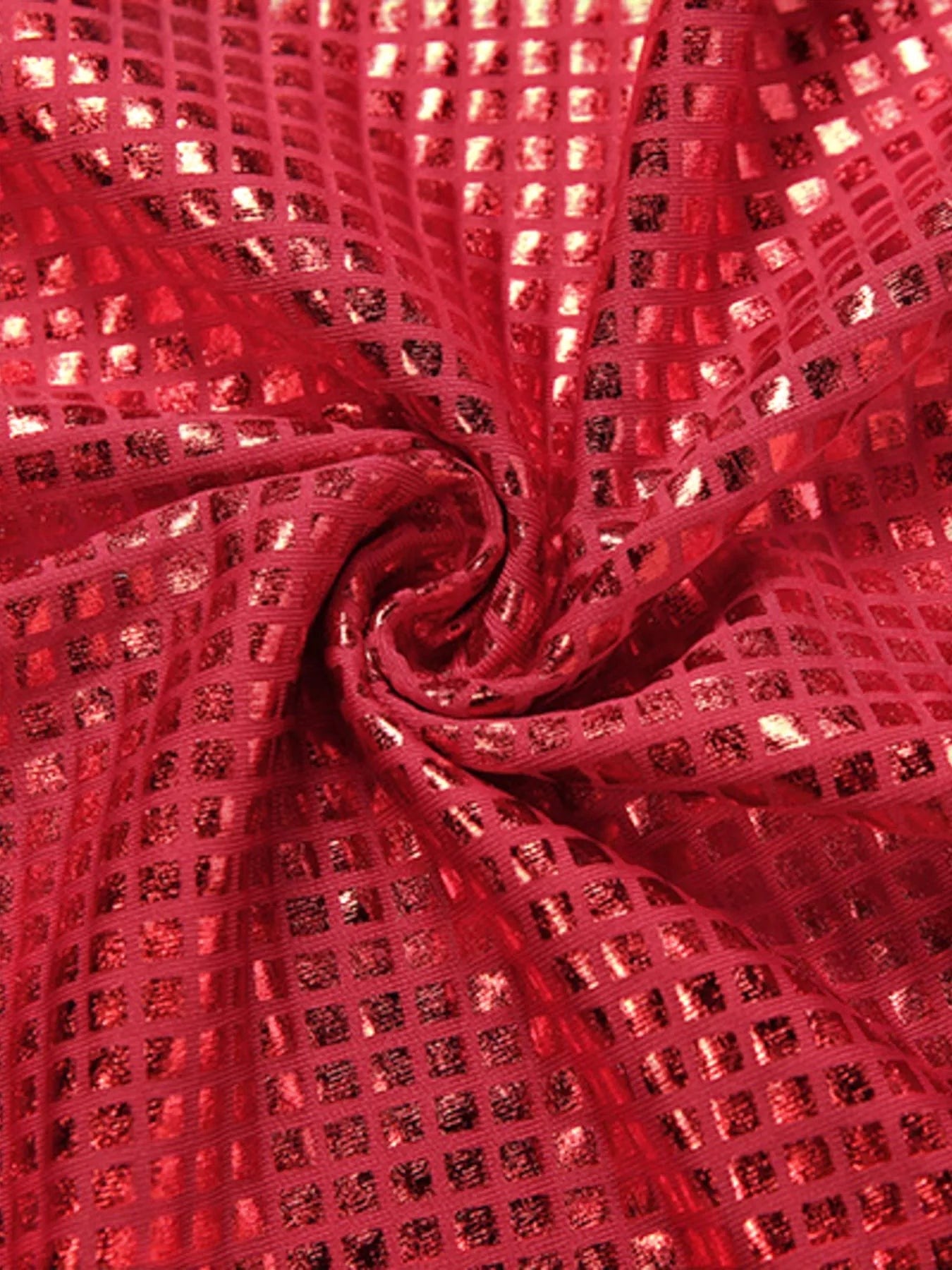 My Store red sequin embellished fabric with a grid pattern, shown in a close-up swirl texture.