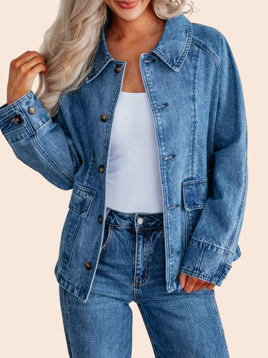 My Store relaxed utility denim jacket in medium wash with oversized pockets and button-front closure