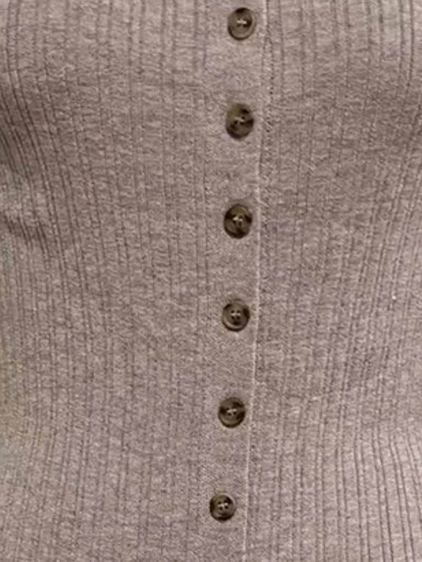 My Store ribbed knit mini dress in taupe featuring a button-front design and soft textured fabric