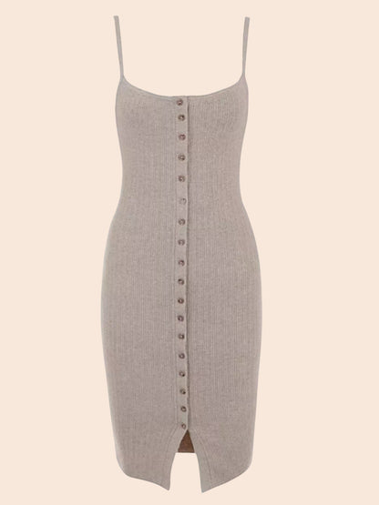 My Store beige ribbed knit mini dress with a square neckline, spaghetti straps, and a button-front design.