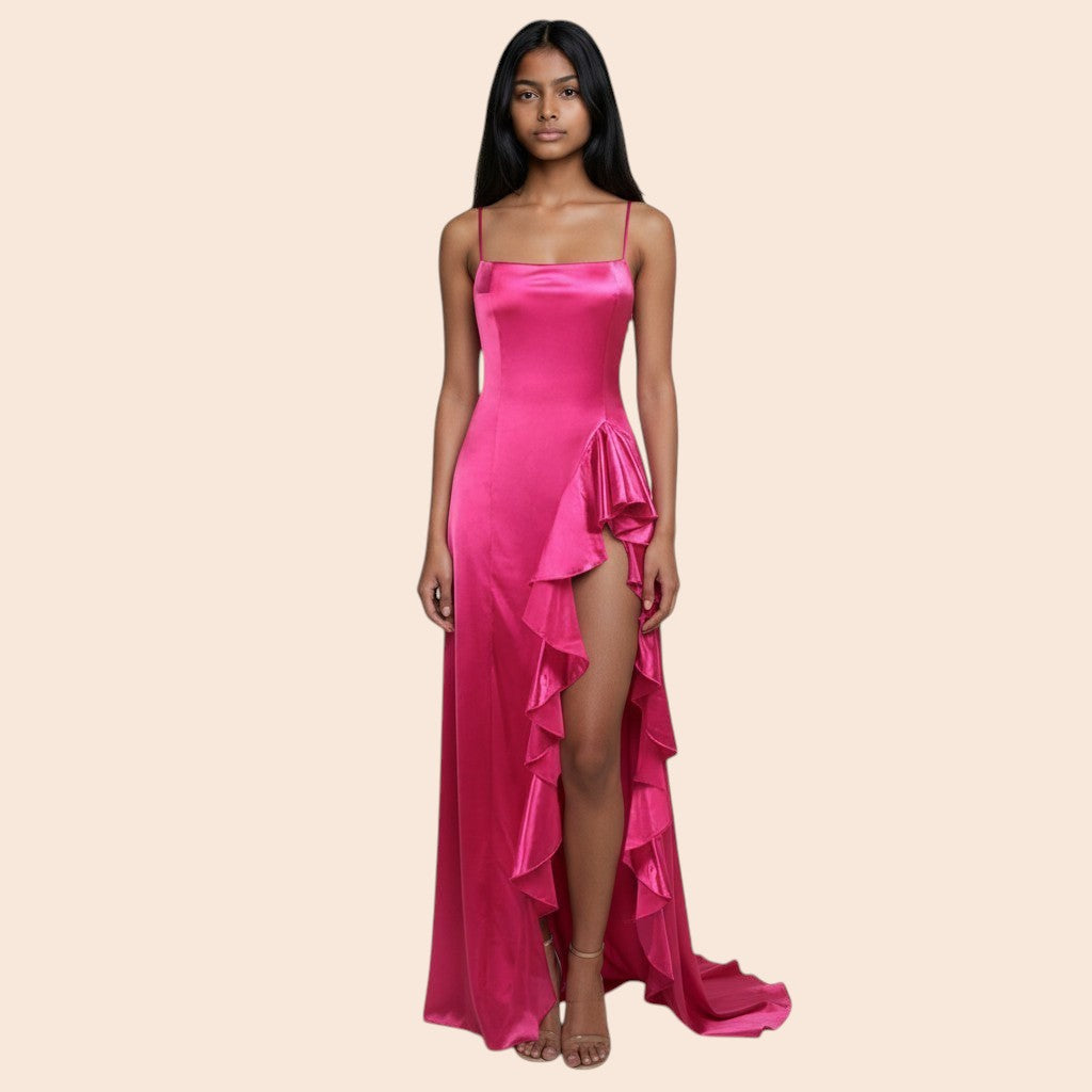 My Store rose red satin evening dress with spaghetti straps and a ruffled high-slit skirt.
