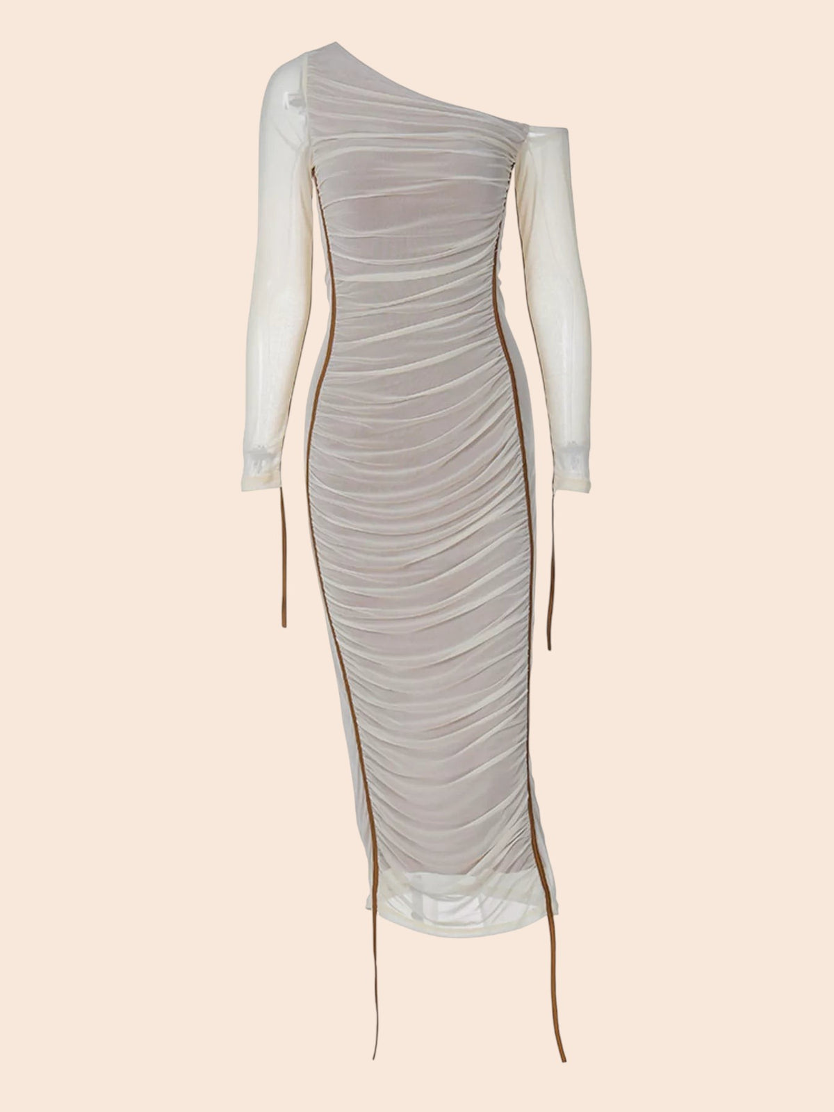 My Store one-shoulder ruched mesh midi dress in beige with a single sheer long sleeve and adjustable side ties.