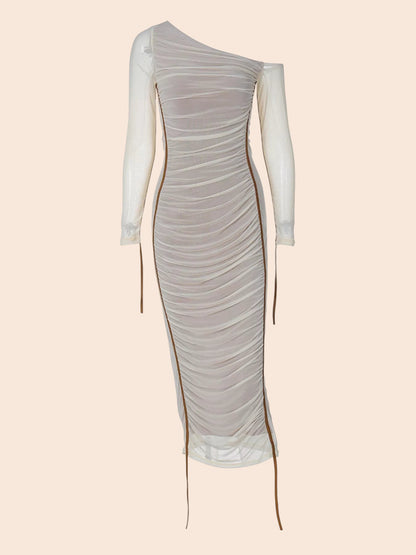 My Store one-shoulder ruched mesh midi dress in beige with a single sheer long sleeve and adjustable side ties.