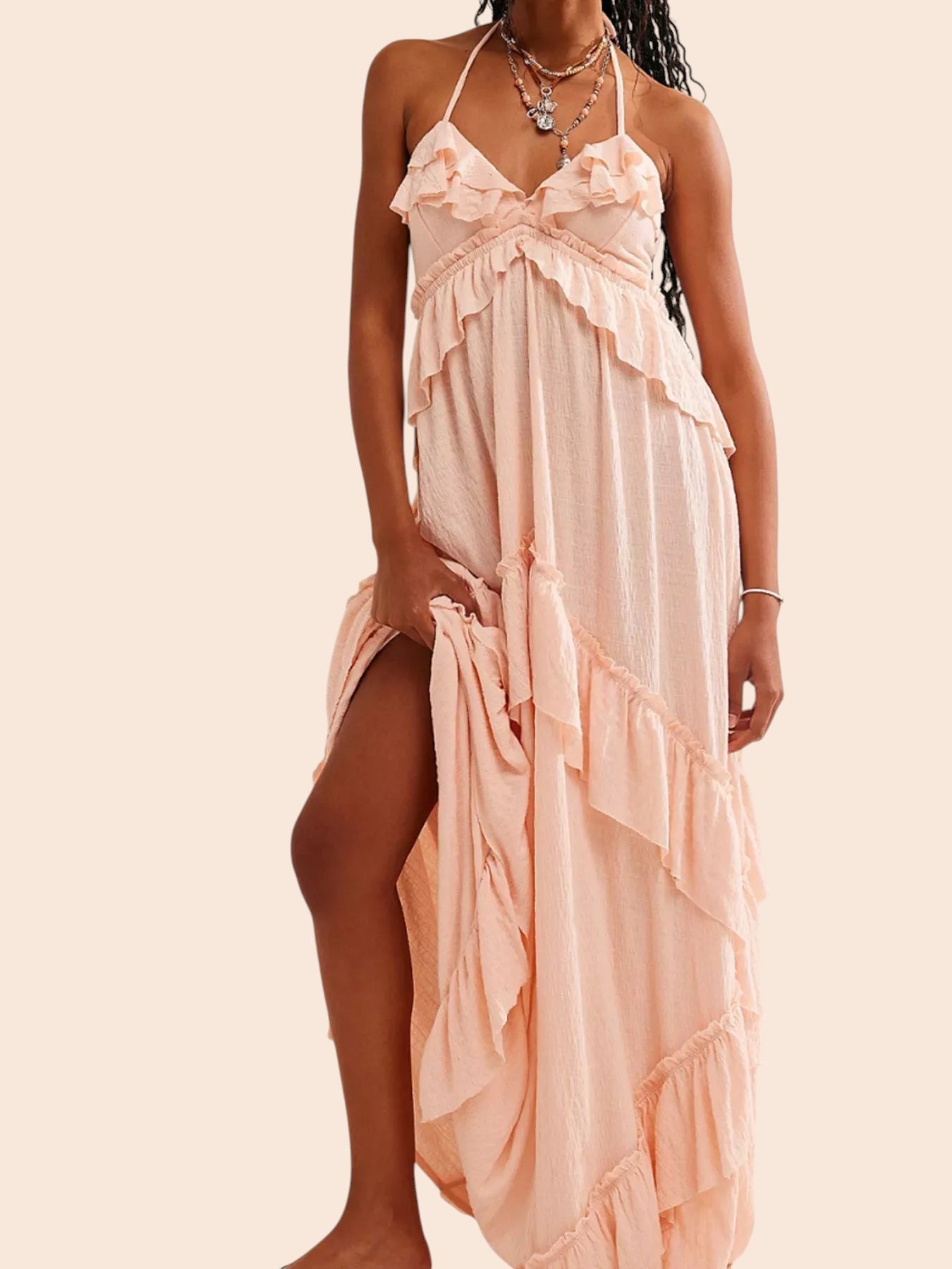 My Store ruffled tiered halter maxi dress in soft peach with cascading ruffles and an open back design