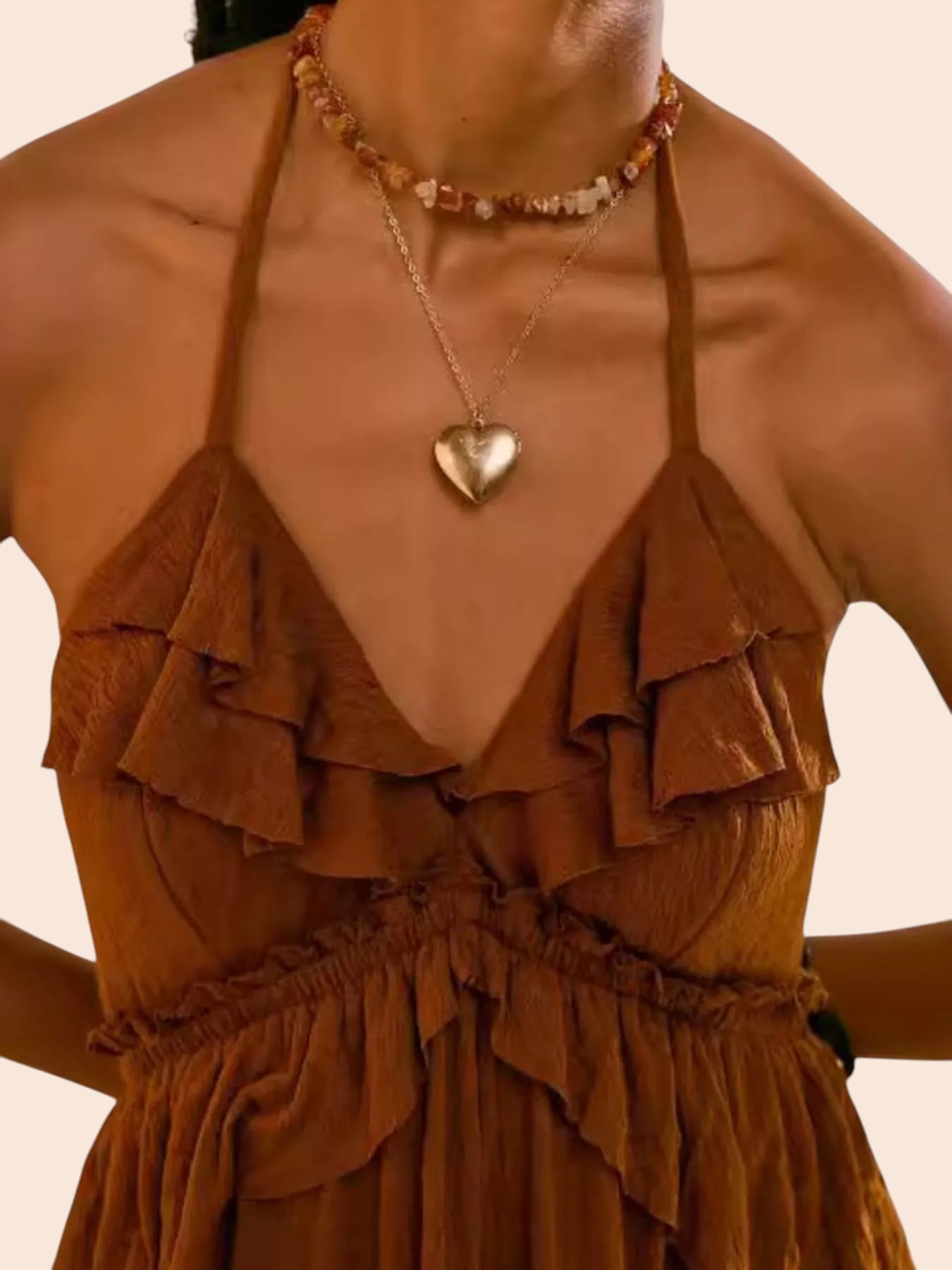 My Store ruffled tiered halter maxi dress in rust brown with a textured finish and open back design.