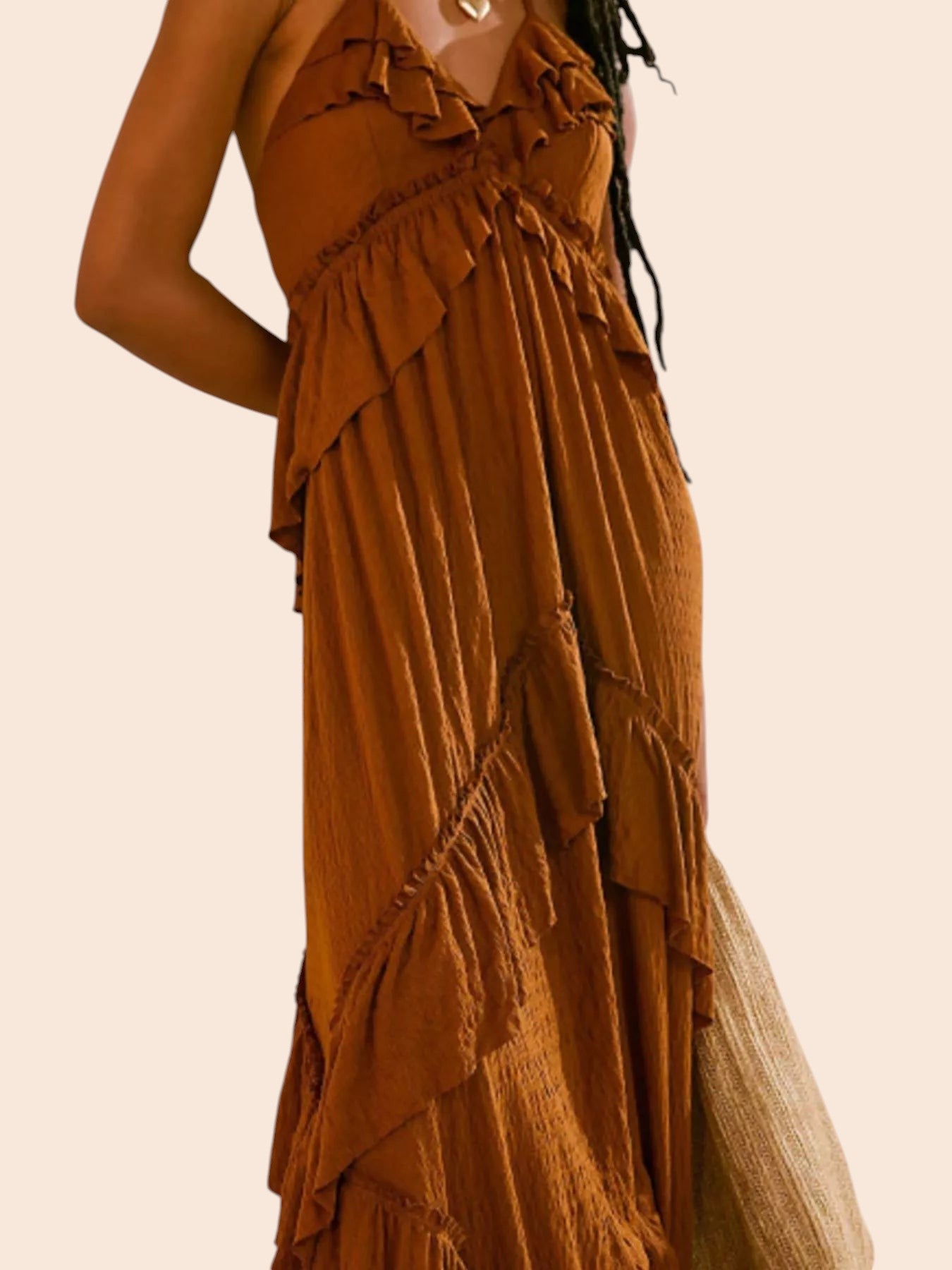My Store ruffled tiered halter maxi dress in rust brown with an open back and flowing bohemian silhouette.
