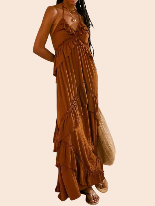 My Store ruffled tiered halter maxi dress in rust brown with an open back and flowing bohemian silhouette