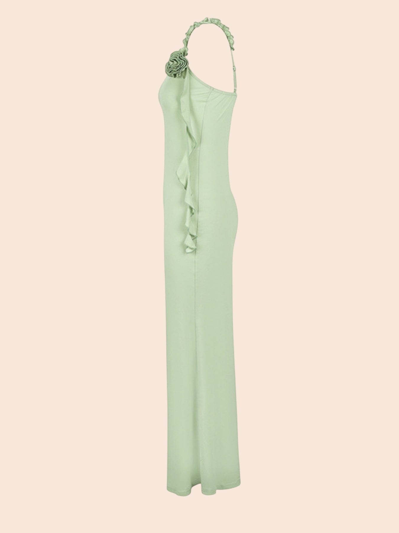My Store sage green maxi dress featuring delicate floral appliqué on the shoulder and a cascading side ruffle detail.