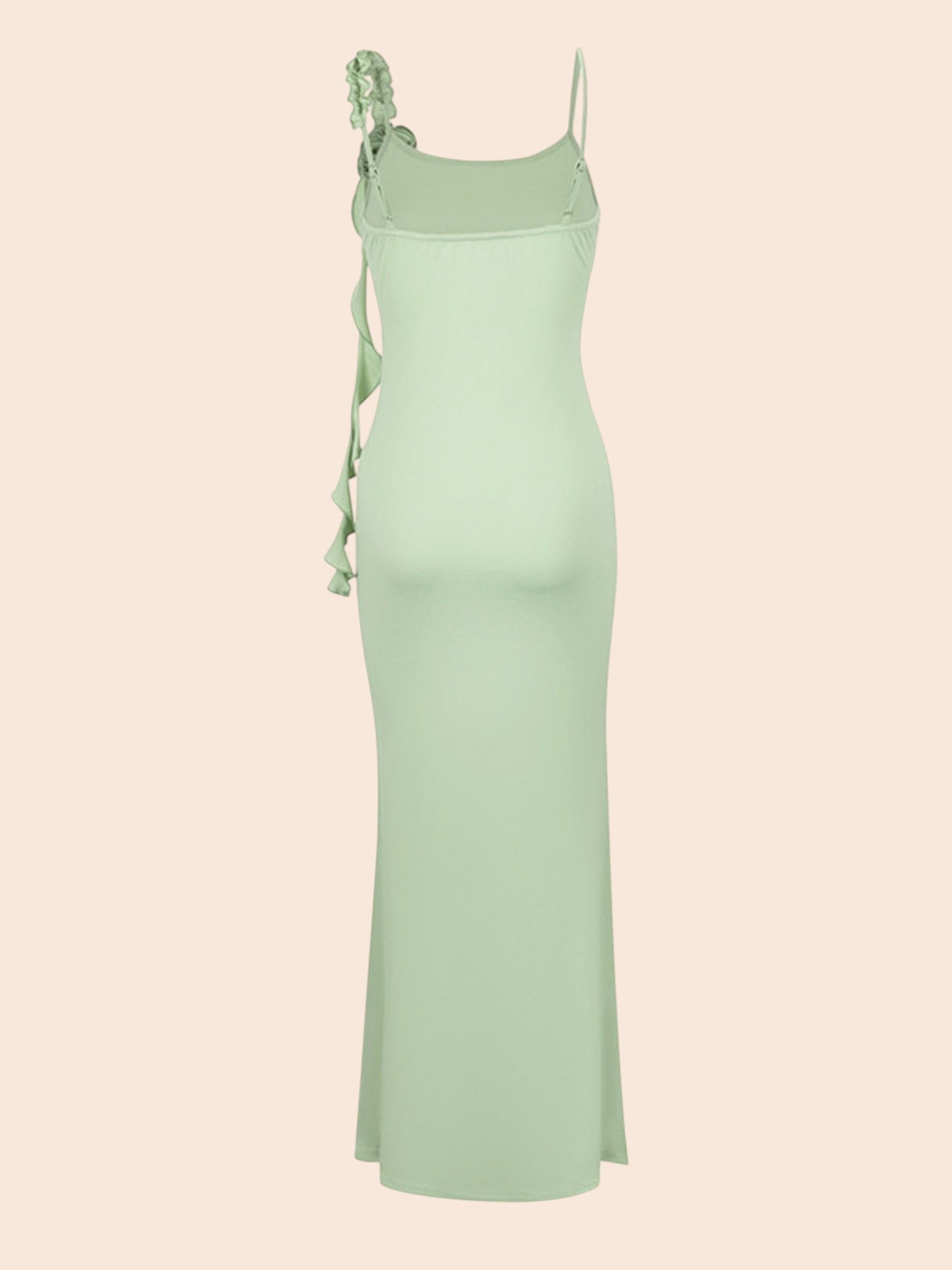 My Store sage green maxi dress featuring delicate floral appliqué on the shoulder and a graceful mermaid hem