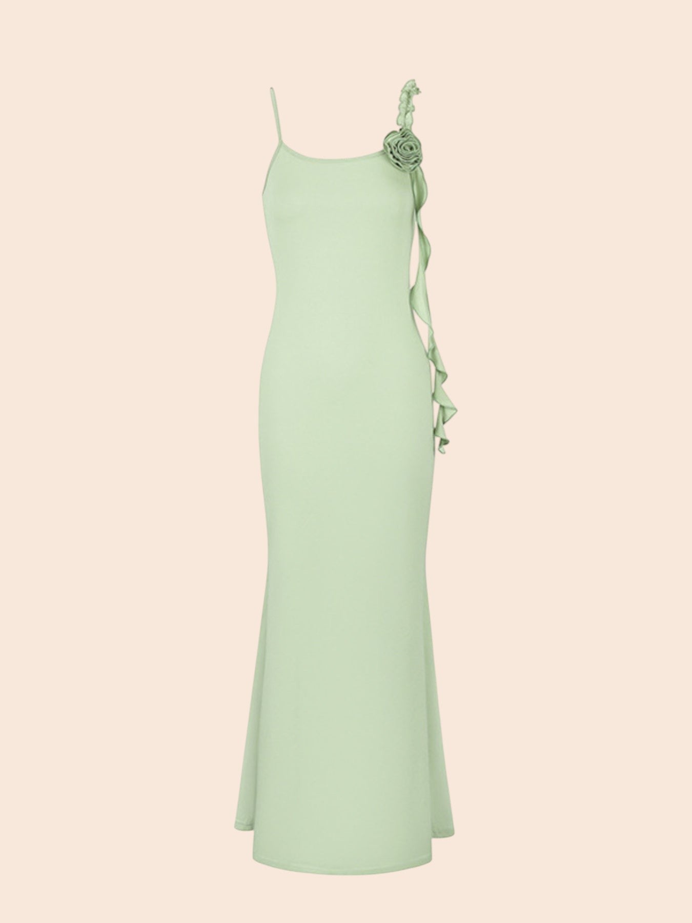 My Store sage green mermaid maxi dress featuring delicate floral appliqué on the shoulder and cascading side ruffles.