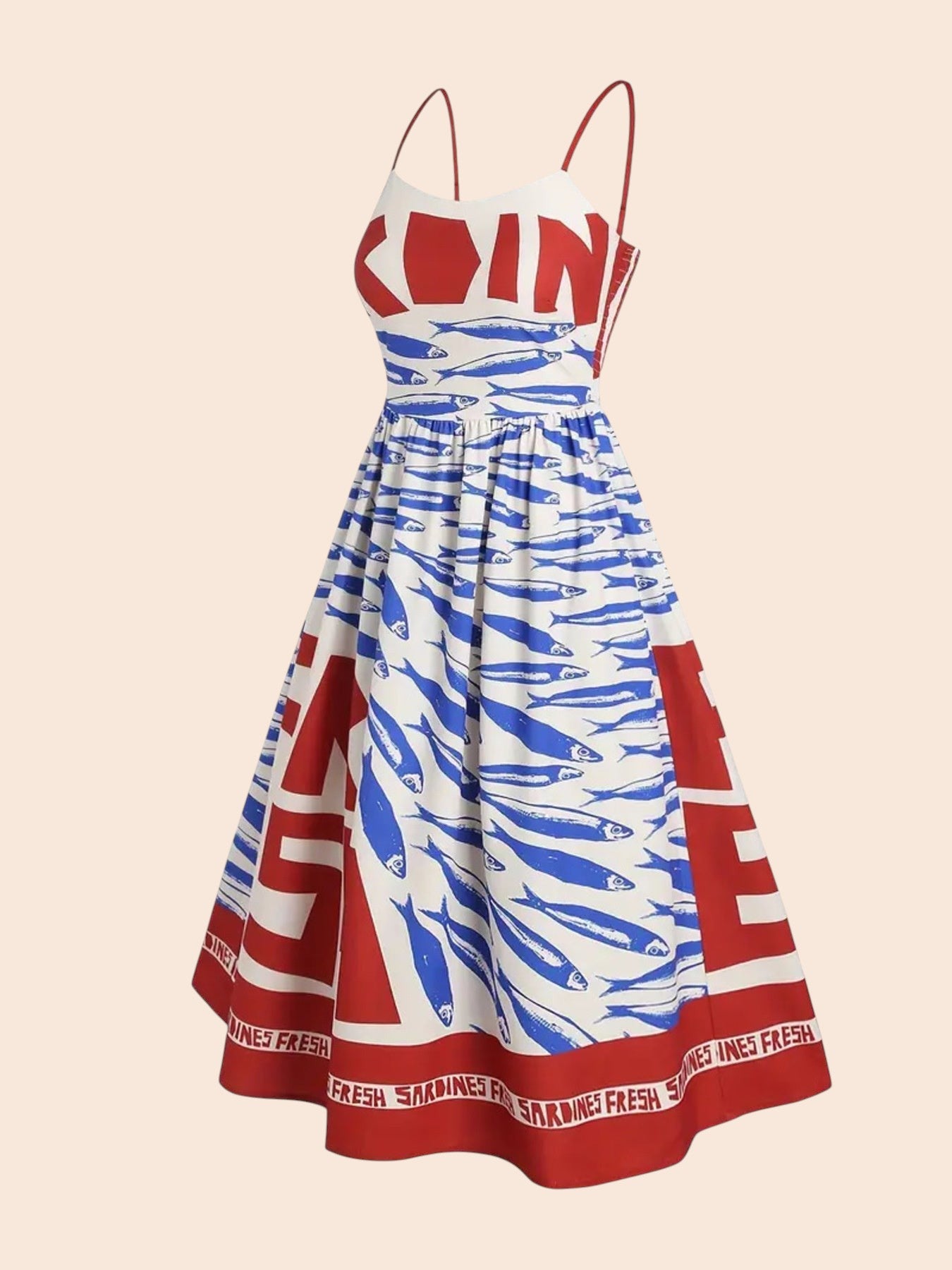 My Store midi dress with a white, blue, and red sardine graphic print, smocked bodice, and spaghetti straps.