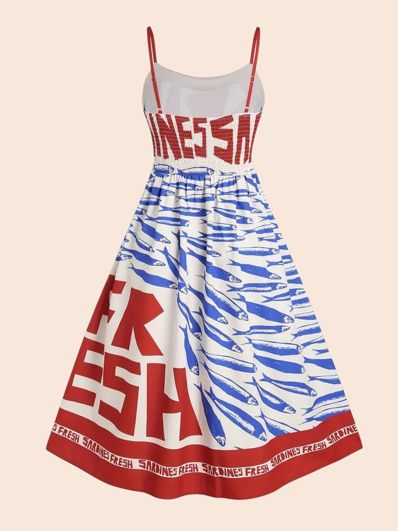My Store midi dress with a bold blue sardine graphic print, red typography, spaghetti straps, and smocked bodice.