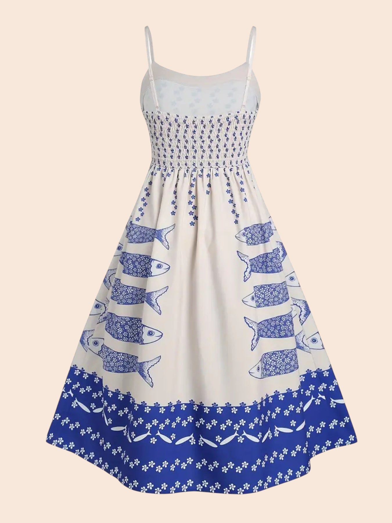 My Store white midi dress with blue sardine graphic print, spaghetti straps, and a smocked bodice.