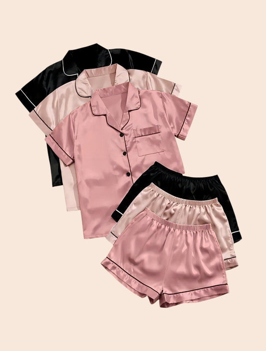 My Store satin pajama sets with matching eye masks in black, champagne, and dusty rose with button-front shirts.