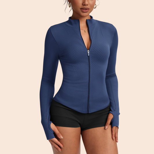 My Store Sculpt Zip-Up Active Jacket in navy blue with a slim fit, stand collar, and thumbhole cuffs on a model.