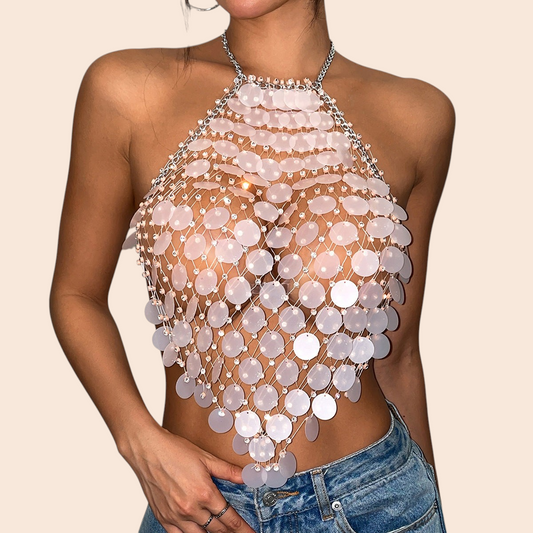 My Store sequin disc halter top featuring reflective circular sequins on an open-mesh cropped handkerchief silhouette.