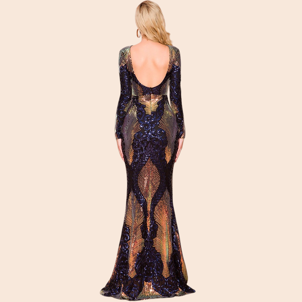 Back view of a My Store Midnight Illusion sequin maxi dress with long sleeves and an open back design.