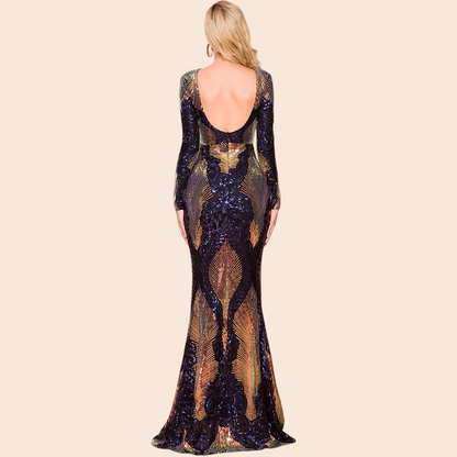 Back view of a My Store Midnight Illusion sequin maxi dress with long sleeves and an open back design.