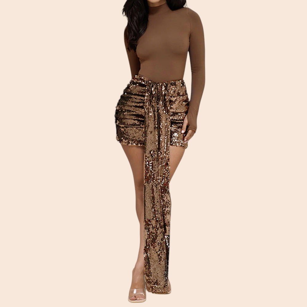 My Store women's two-piece set featuring a brown long-sleeve top and a sequined mini skirt with a draped panel
