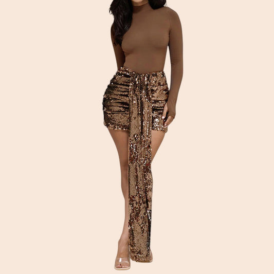 My Store women's two-piece set featuring a brown long-sleeve top and a sequined mini skirt with a draped panel