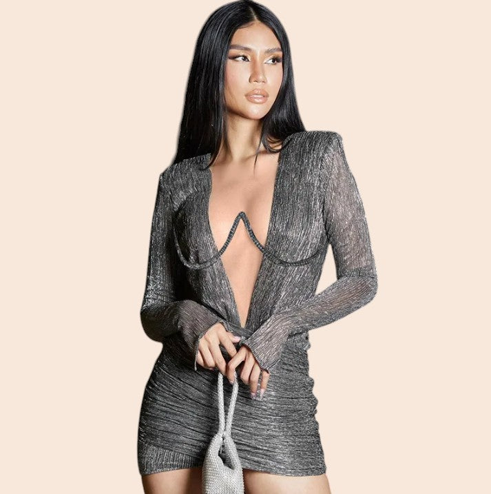 My Store Midnight Shimmer long sleeve mini dress with deep V-neckline, ruched detailing, and metallic sequin finish.