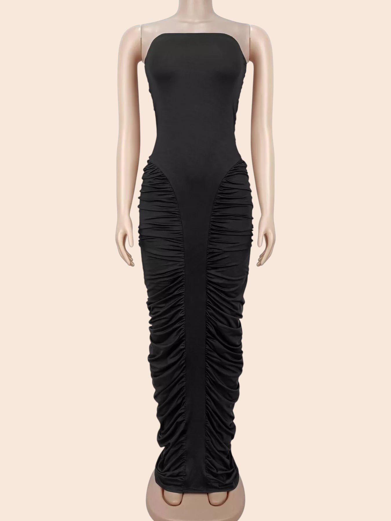 My Store strapless black maxi dress with all-over ruching and a figure-hugging bodycon silhouette on a mannequin.