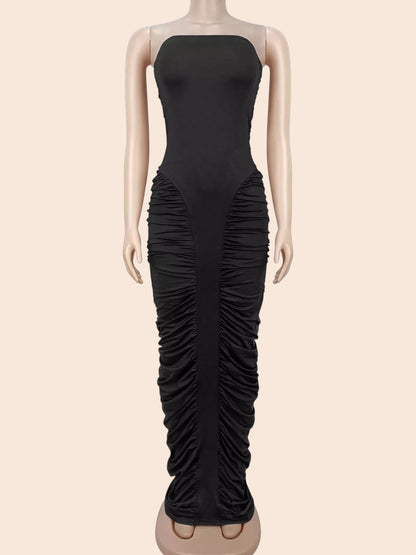 My Store strapless black maxi dress with all-over ruching and a figure-hugging bodycon silhouette on a mannequin.