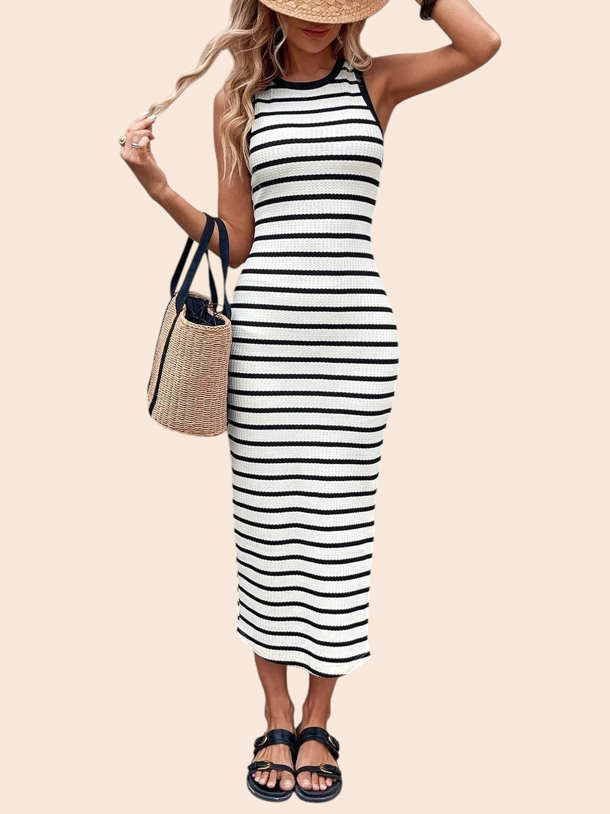 My Store striped sleeveless bodycon midi dress worn with a straw hat, woven tote bag, and black sandals.