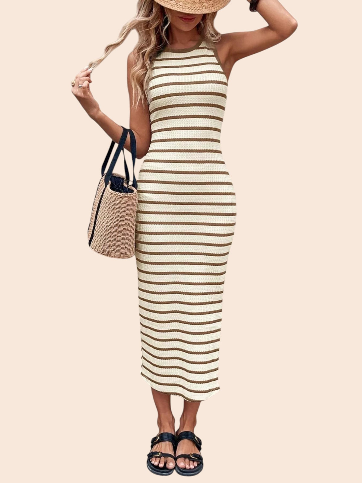 My Store striped sleeveless bodycon midi dress in cream and brown, styled with a straw hat, tote bag, and sandals.