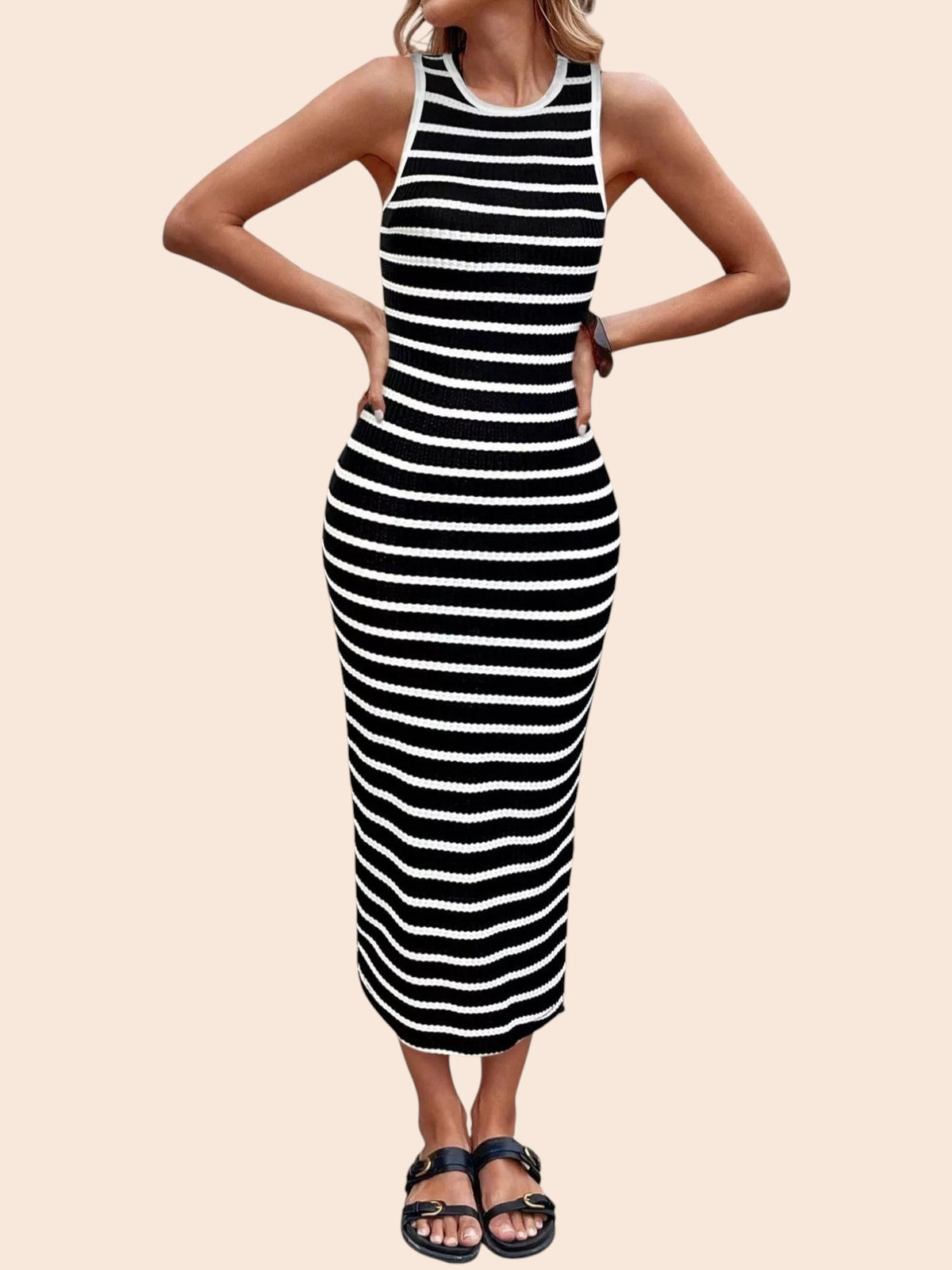 My Store sleeveless bodycon midi dress featuring a black and white horizontal stripe pattern and round neckline.
