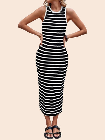My Store sleeveless bodycon midi dress featuring a black and white horizontal stripe pattern and round neckline.
