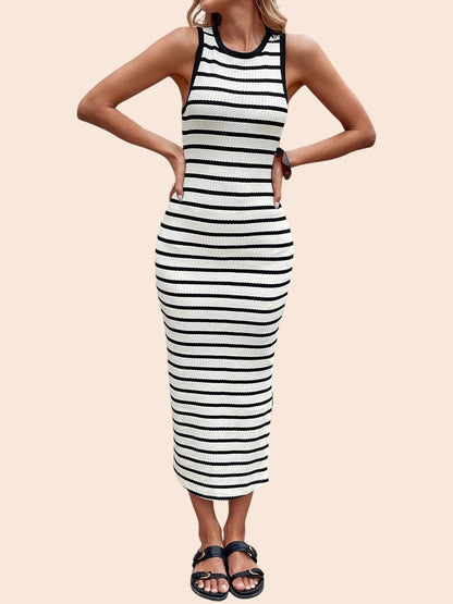 My Store sleeveless bodycon midi dress featuring a black and white horizontal stripe pattern and a round neckline.