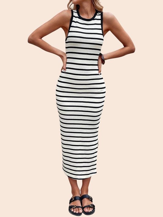 My Store sleeveless bodycon midi dress featuring a black and white horizontal stripe pattern and a round neckline.