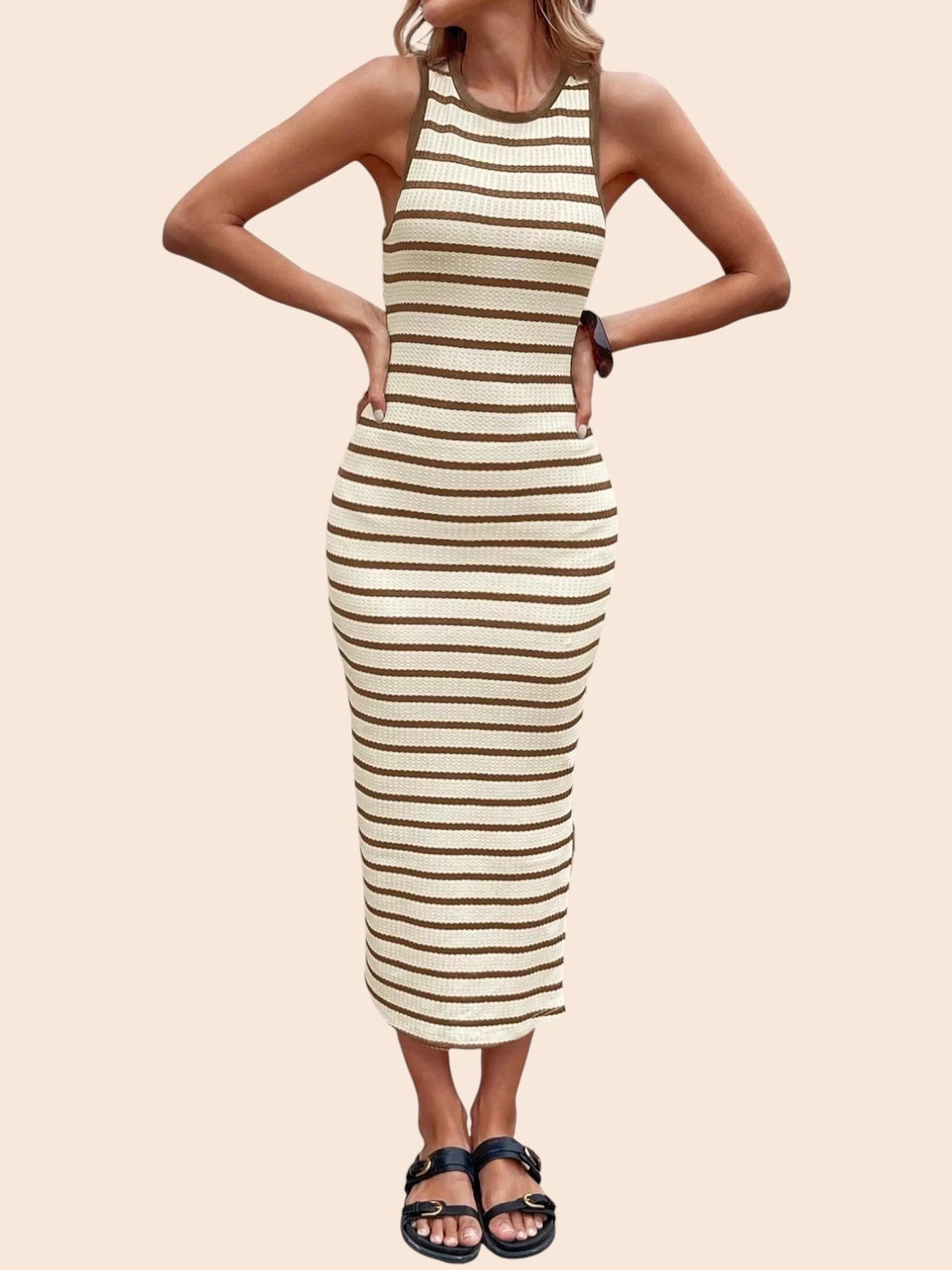My Store sleeveless bodycon midi dress in cream and brown horizontal stripes with a round neckline on a model