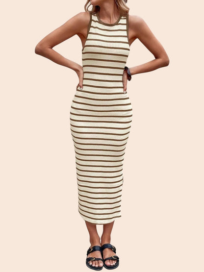 My Store sleeveless bodycon midi dress in cream and brown horizontal stripes with a round neckline on a model